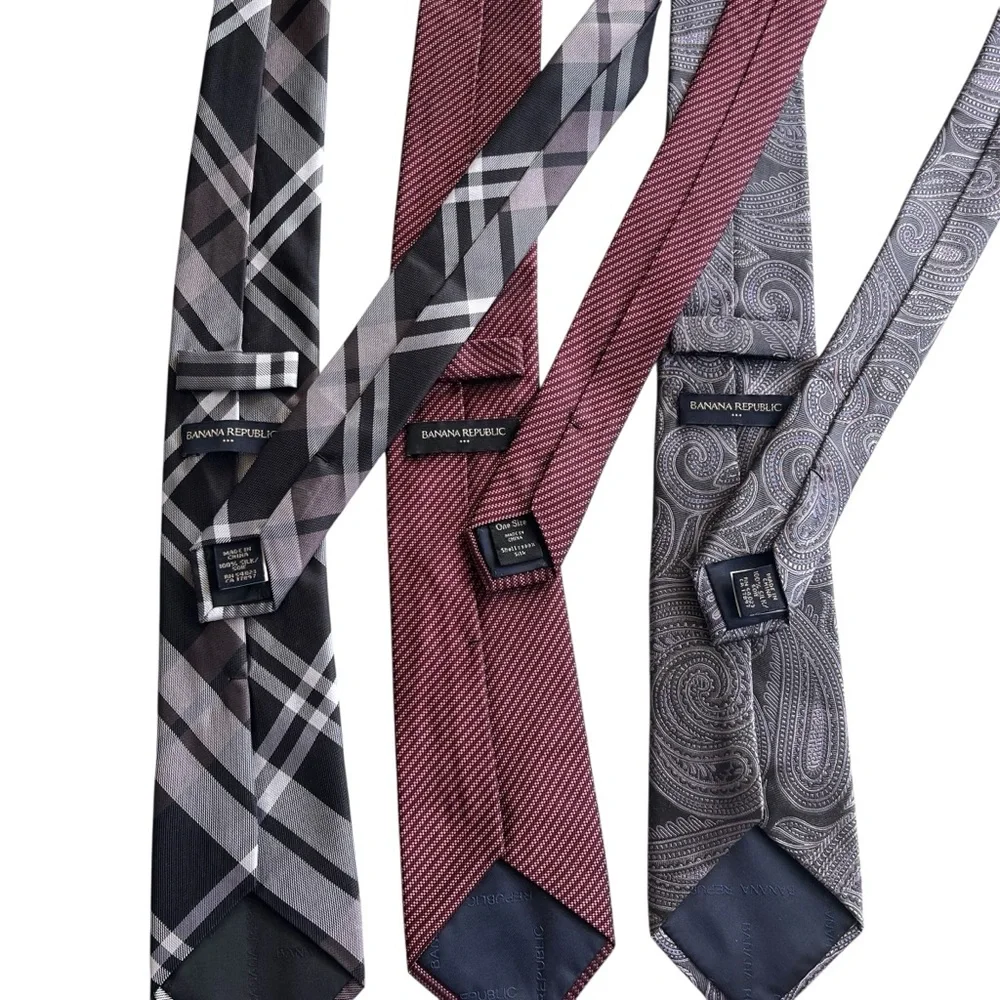 3 Banana Republic Factory Silk Ties Red Gray Plaid Stripes Paisley